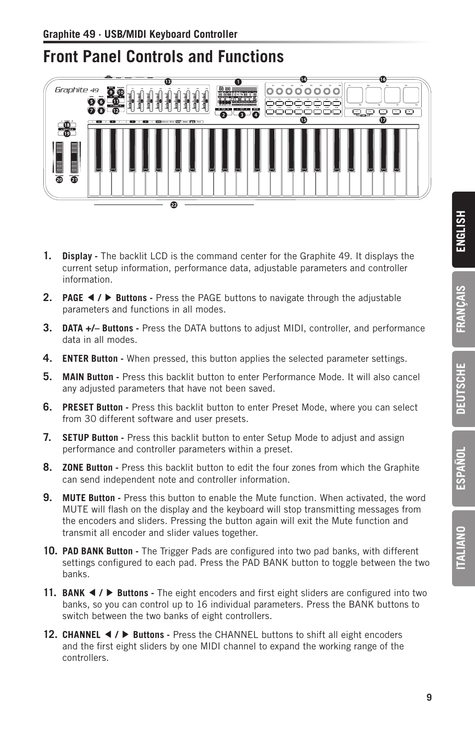 Front panel controls and functions | Samson Graphite 49 - USB/MIDI Keyboard Controller User Manual | Page 9 / 164