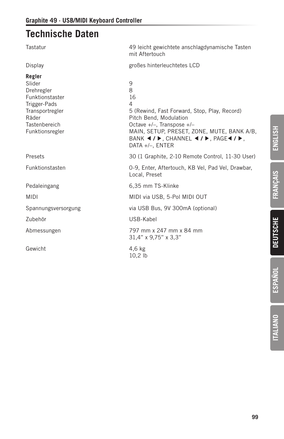 Technische daten | Samson Graphite 49 - USB/MIDI Keyboard Controller User Manual | Page 99 / 164