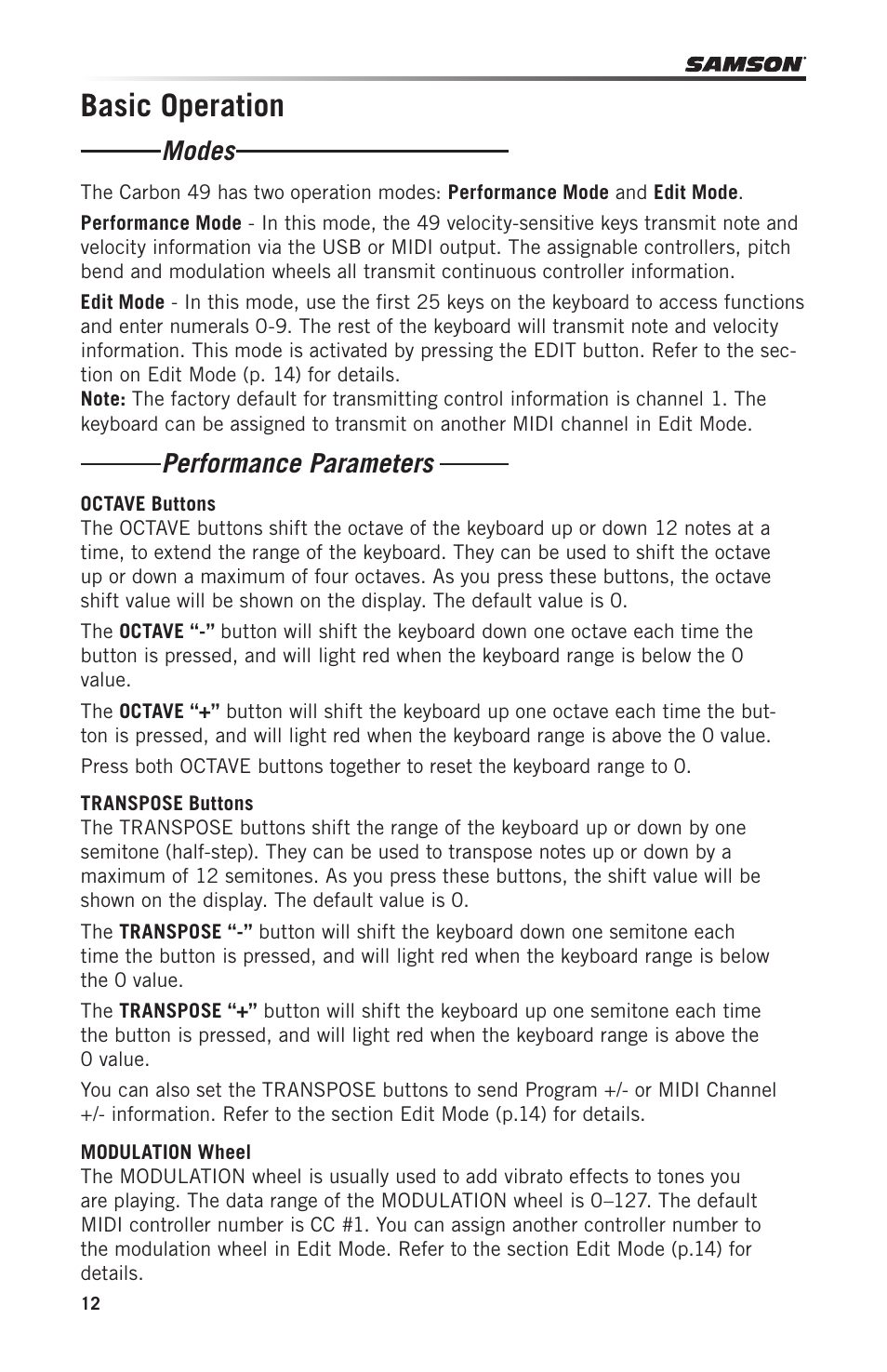 Basic operation, Modes performance parameters | Samson Carbon 49 USB/MIDI Keyboard Controller User Manual | Page 12 / 96