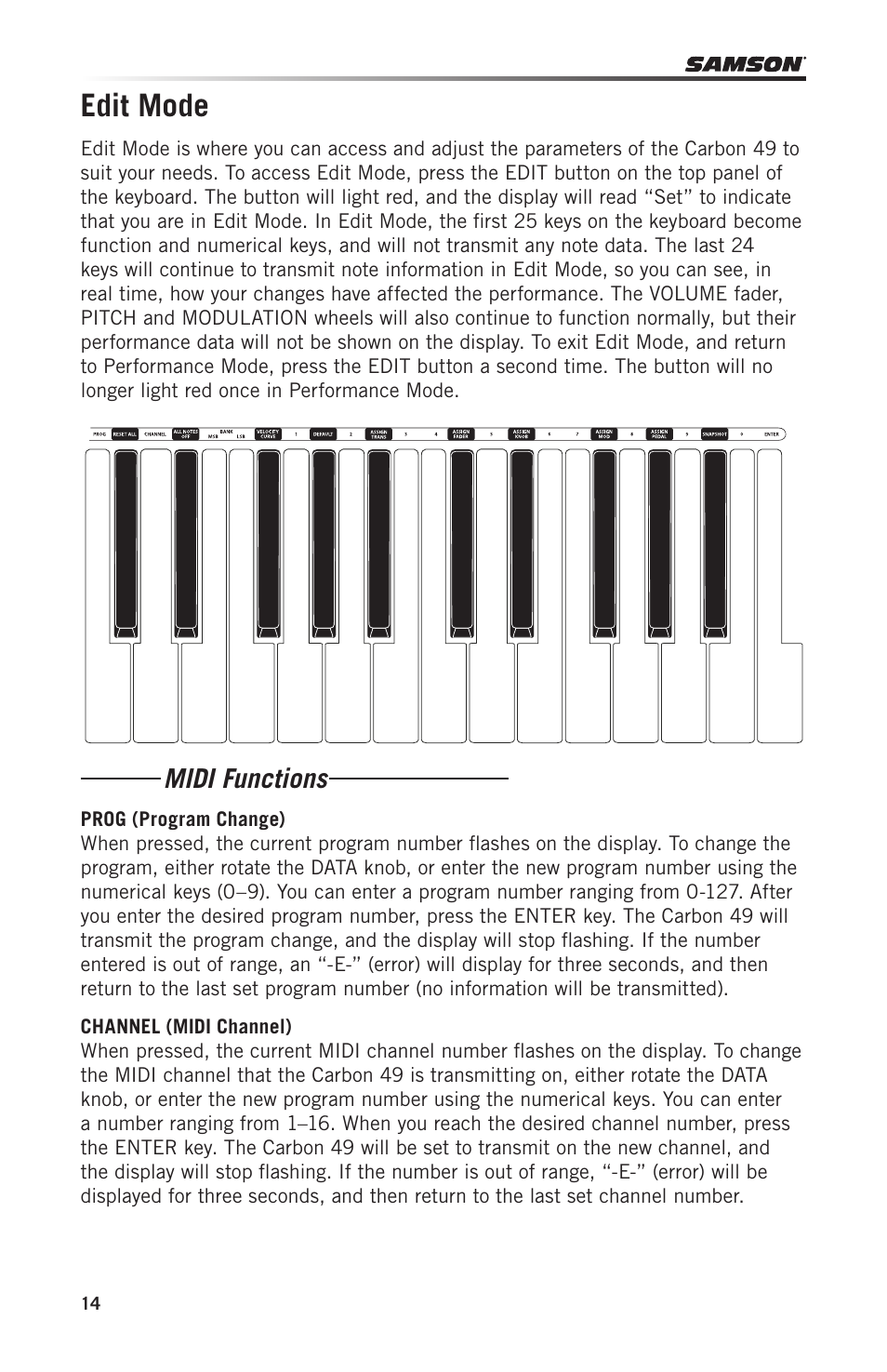 Edit mode, Midi functions | Samson Carbon 49 USB/MIDI Keyboard Controller User Manual | Page 14 / 96
