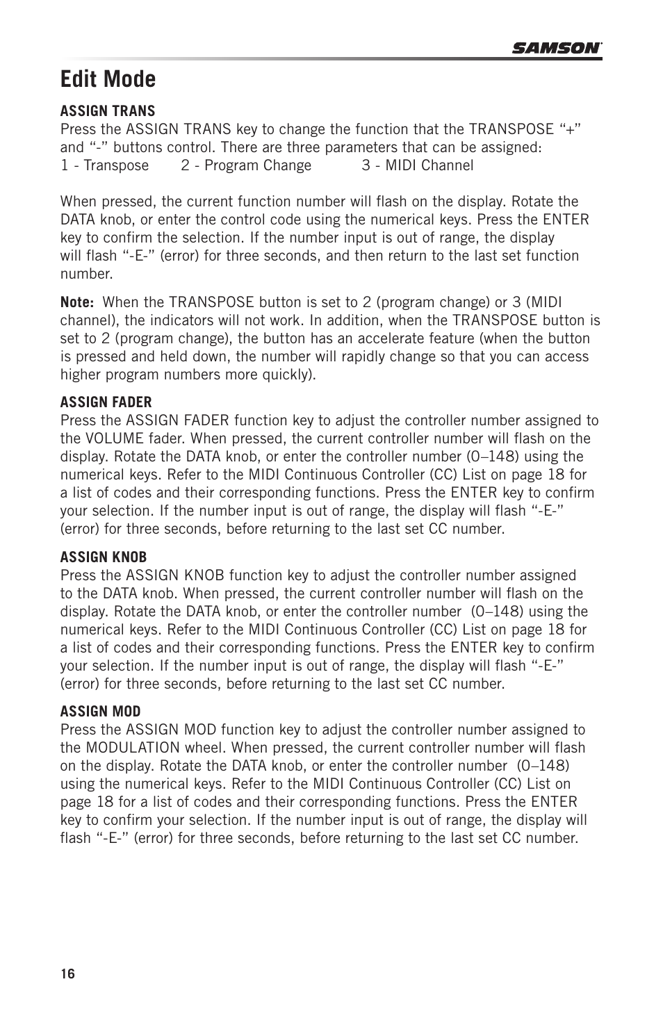 Edit mode | Samson Carbon 49 USB/MIDI Keyboard Controller User Manual | Page 16 / 96