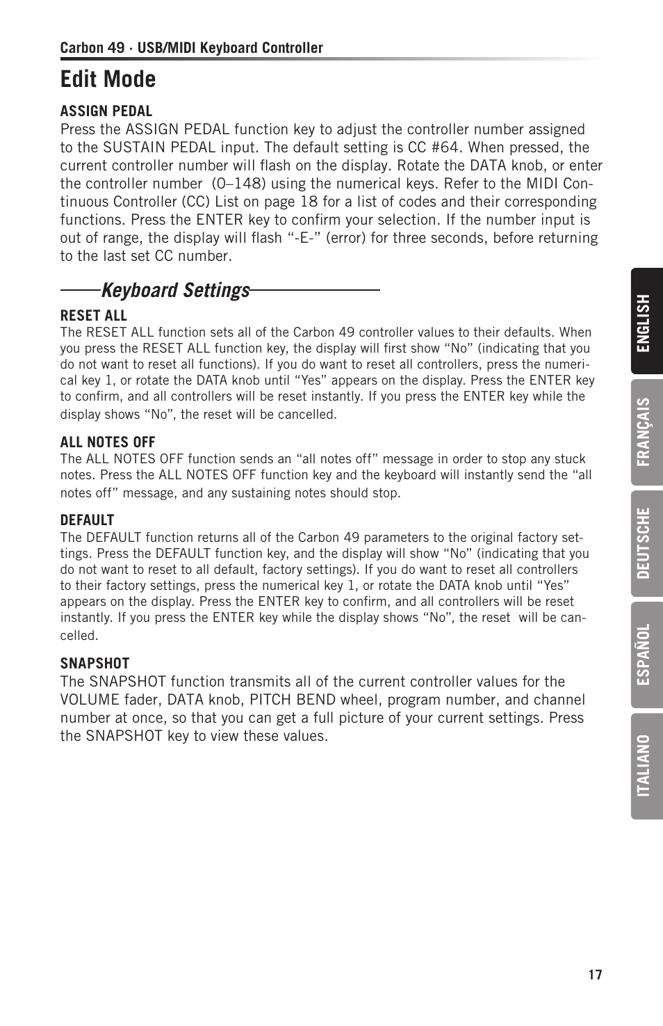 Edit mode, Keyboard settings | Samson Carbon 49 USB/MIDI Keyboard Controller User Manual | Page 17 / 96