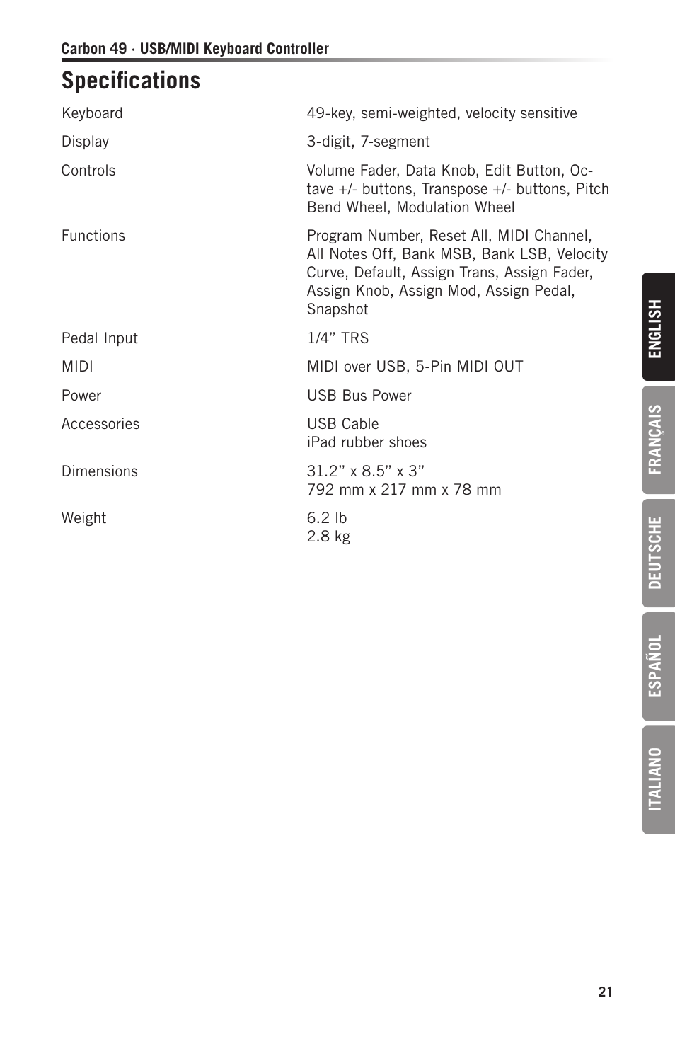 Specifications | Samson Carbon 49 USB/MIDI Keyboard Controller User Manual | Page 21 / 96