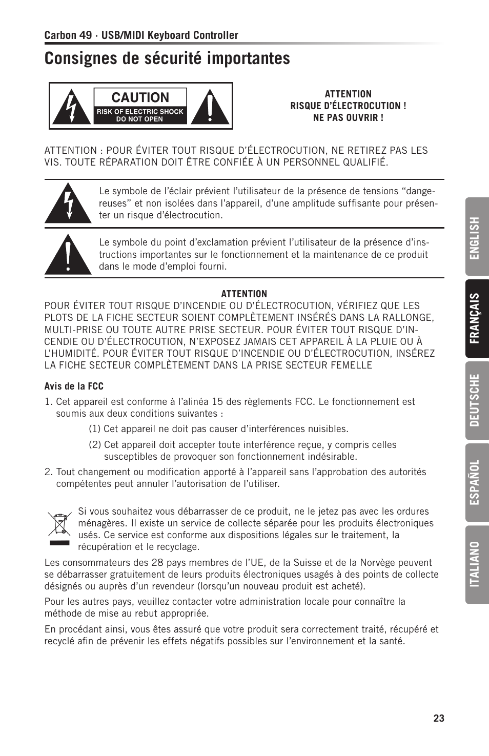 Consignes de sécurité importantes | Samson Carbon 49 USB/MIDI Keyboard Controller User Manual | Page 23 / 96