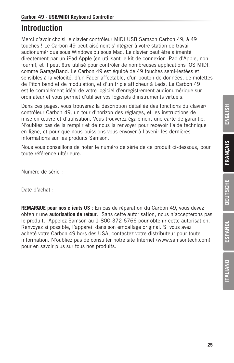 Introduction | Samson Carbon 49 USB/MIDI Keyboard Controller User Manual | Page 25 / 96