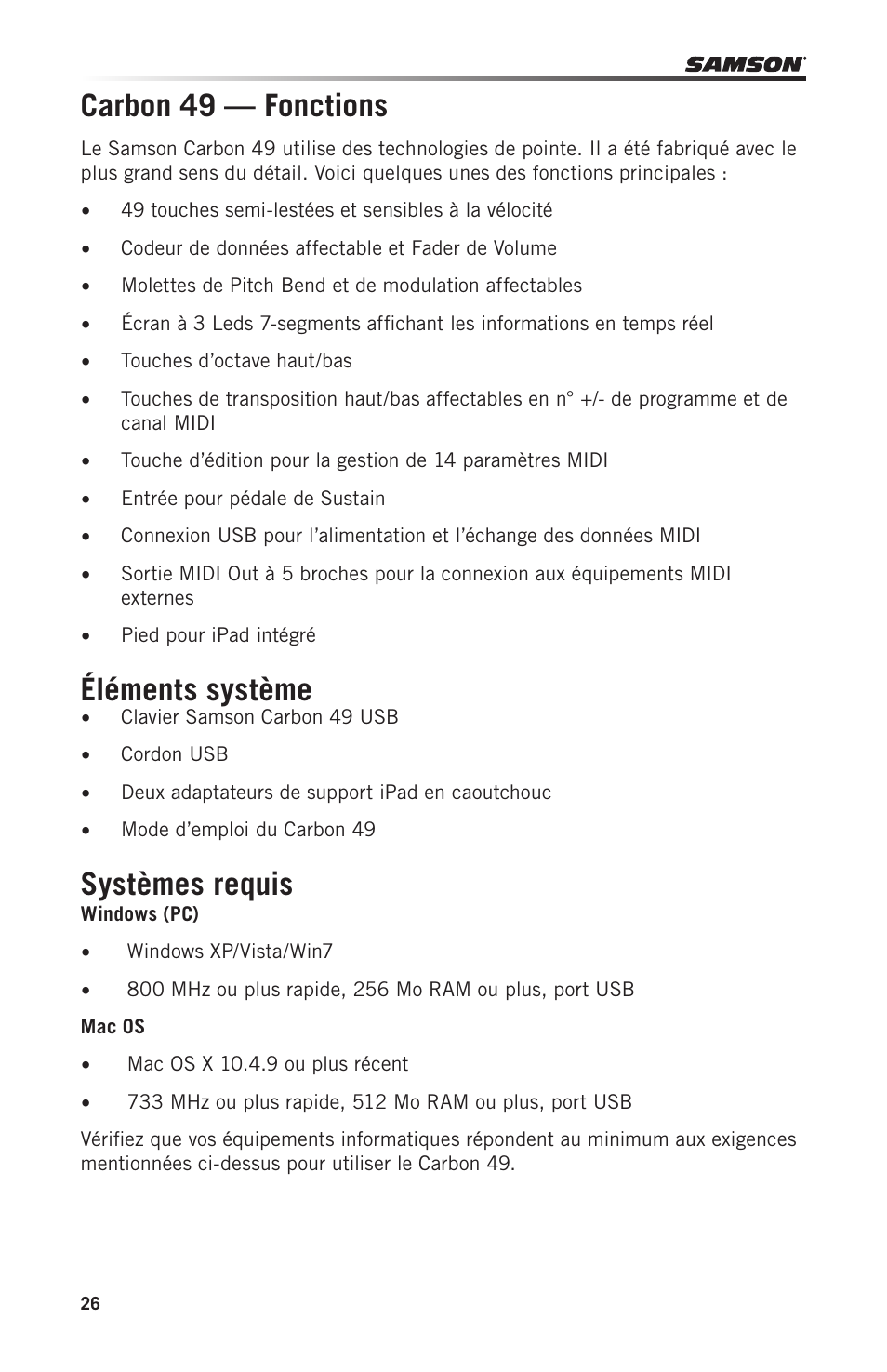 Carbon 49 — fonctions systèmes requis, Éléments système | Samson Carbon 49 USB/MIDI Keyboard Controller User Manual | Page 26 / 96