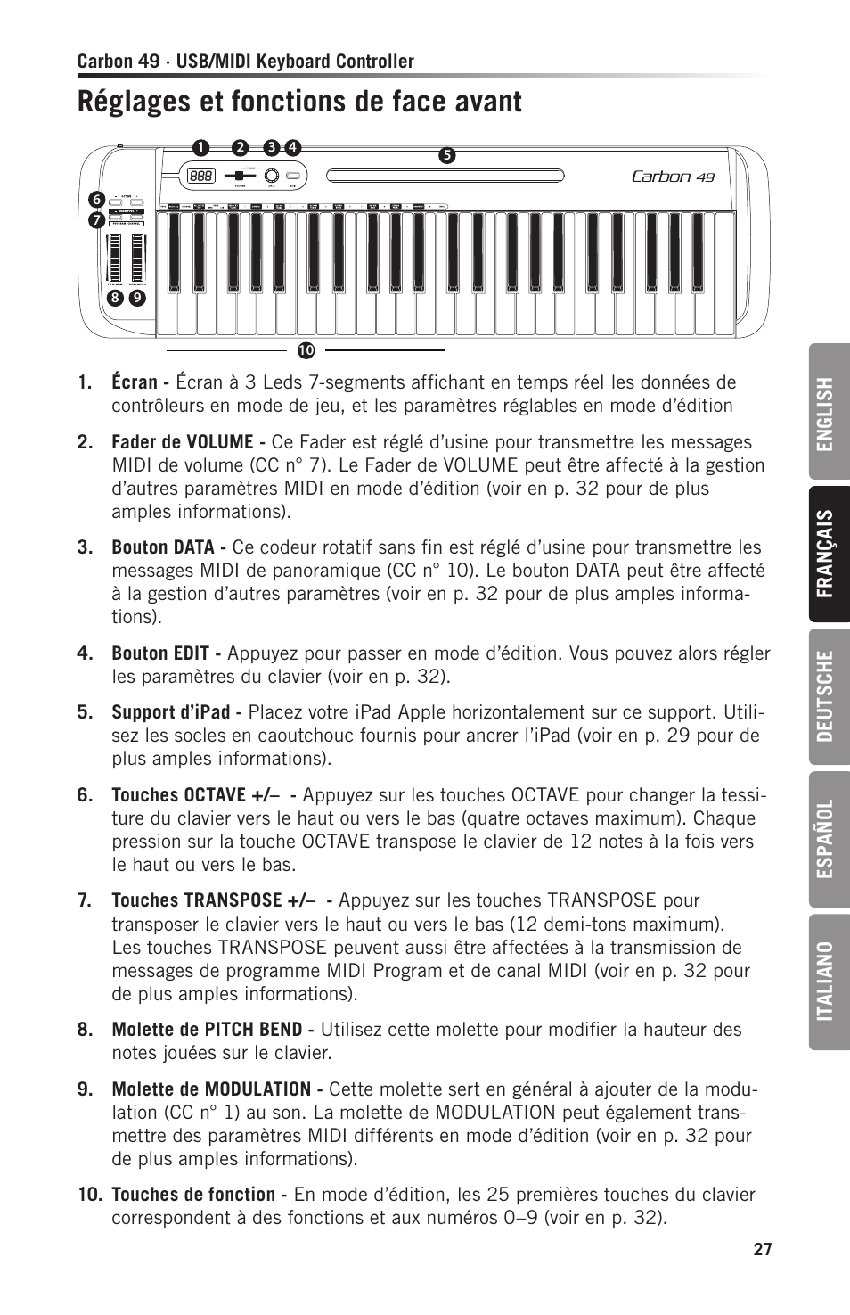 Réglages et fonctions de face avant | Samson Carbon 49 USB/MIDI Keyboard Controller User Manual | Page 27 / 96