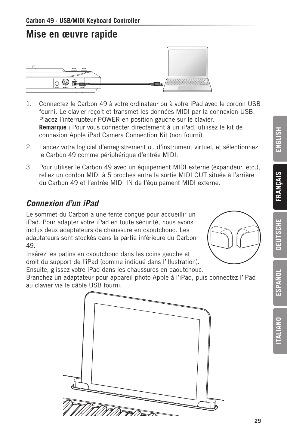 Mise en œuvre rapide, Connexion d’un ipad | Samson Carbon 49 USB/MIDI Keyboard Controller User Manual | Page 29 / 96