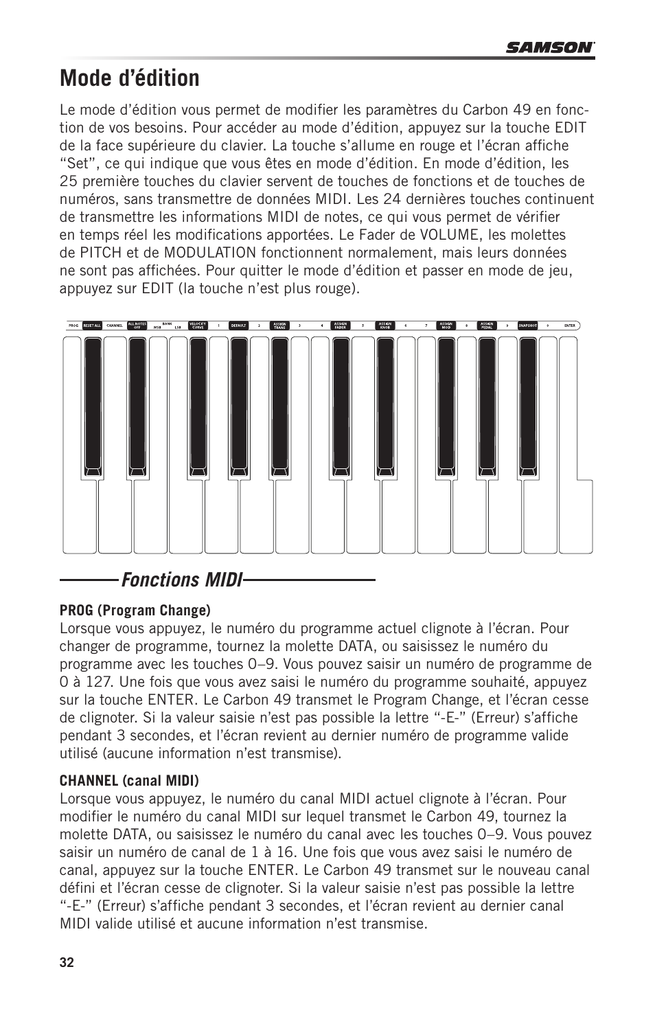 Mode d’édition, Fonctions midi | Samson Carbon 49 USB/MIDI Keyboard Controller User Manual | Page 32 / 96