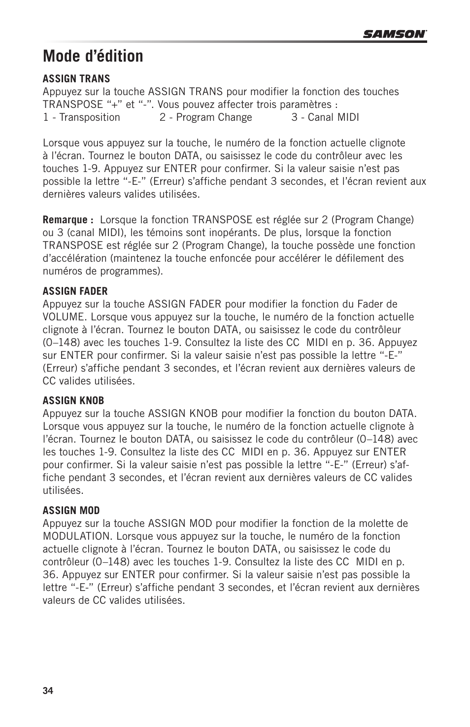 Mode d’édition | Samson Carbon 49 USB/MIDI Keyboard Controller User Manual | Page 34 / 96