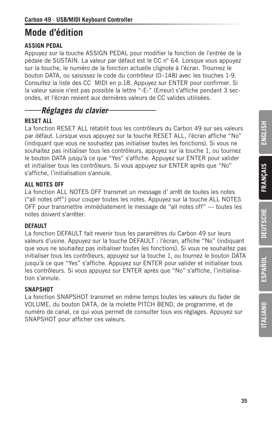 Mode d’édition, Réglages du clavier | Samson Carbon 49 USB/MIDI Keyboard Controller User Manual | Page 35 / 96