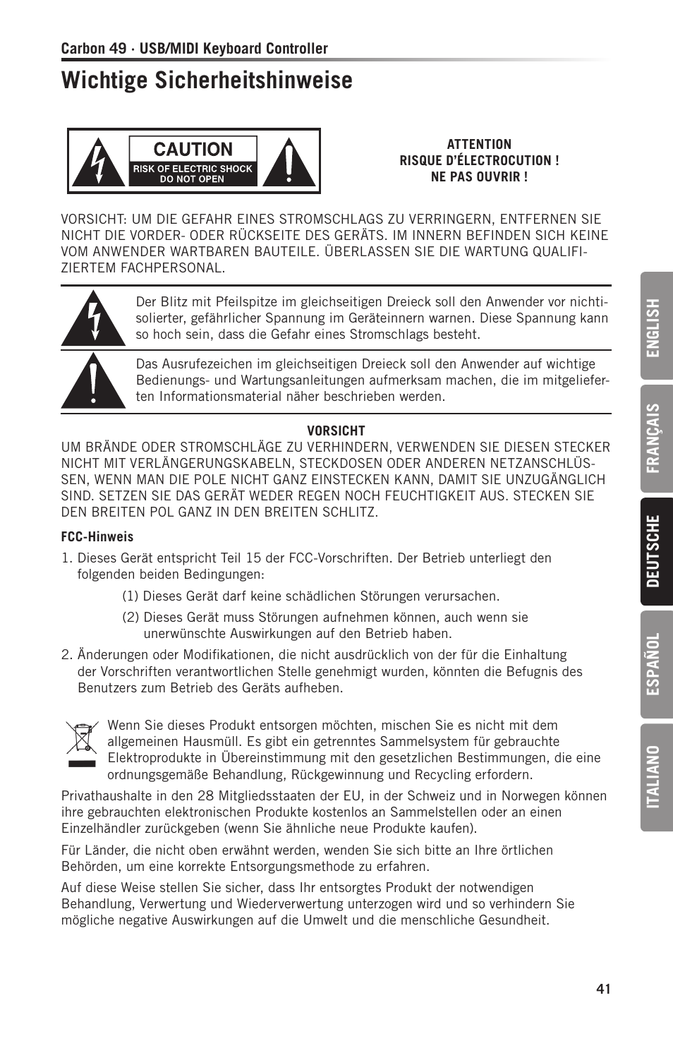 Wichtige sicherheitshinweise | Samson Carbon 49 USB/MIDI Keyboard Controller User Manual | Page 41 / 96
