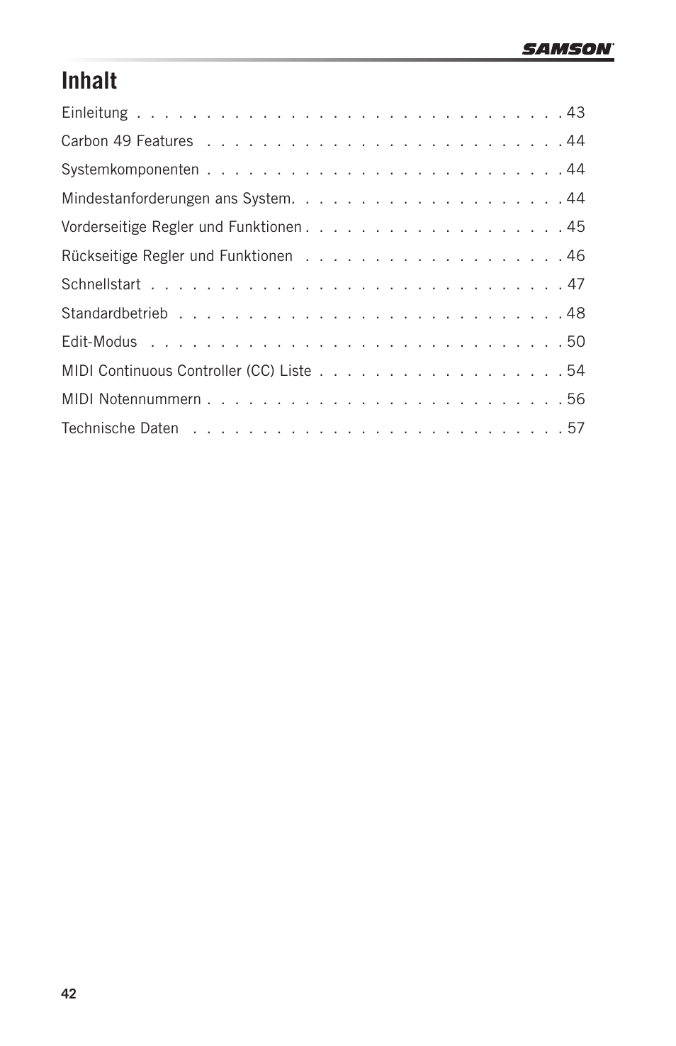 Inhalt | Samson Carbon 49 USB/MIDI Keyboard Controller User Manual | Page 42 / 96