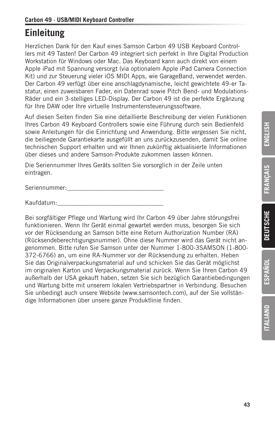 Einleitung | Samson Carbon 49 USB/MIDI Keyboard Controller User Manual | Page 43 / 96