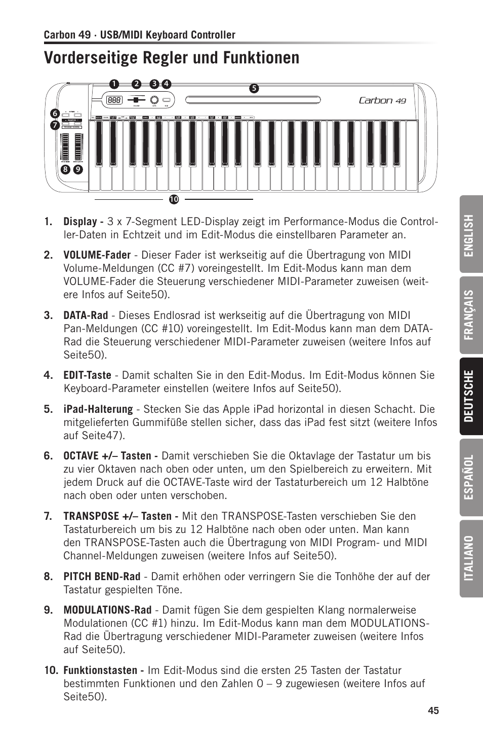 Vorderseitige regler und funktionen | Samson Carbon 49 USB/MIDI Keyboard Controller User Manual | Page 45 / 96