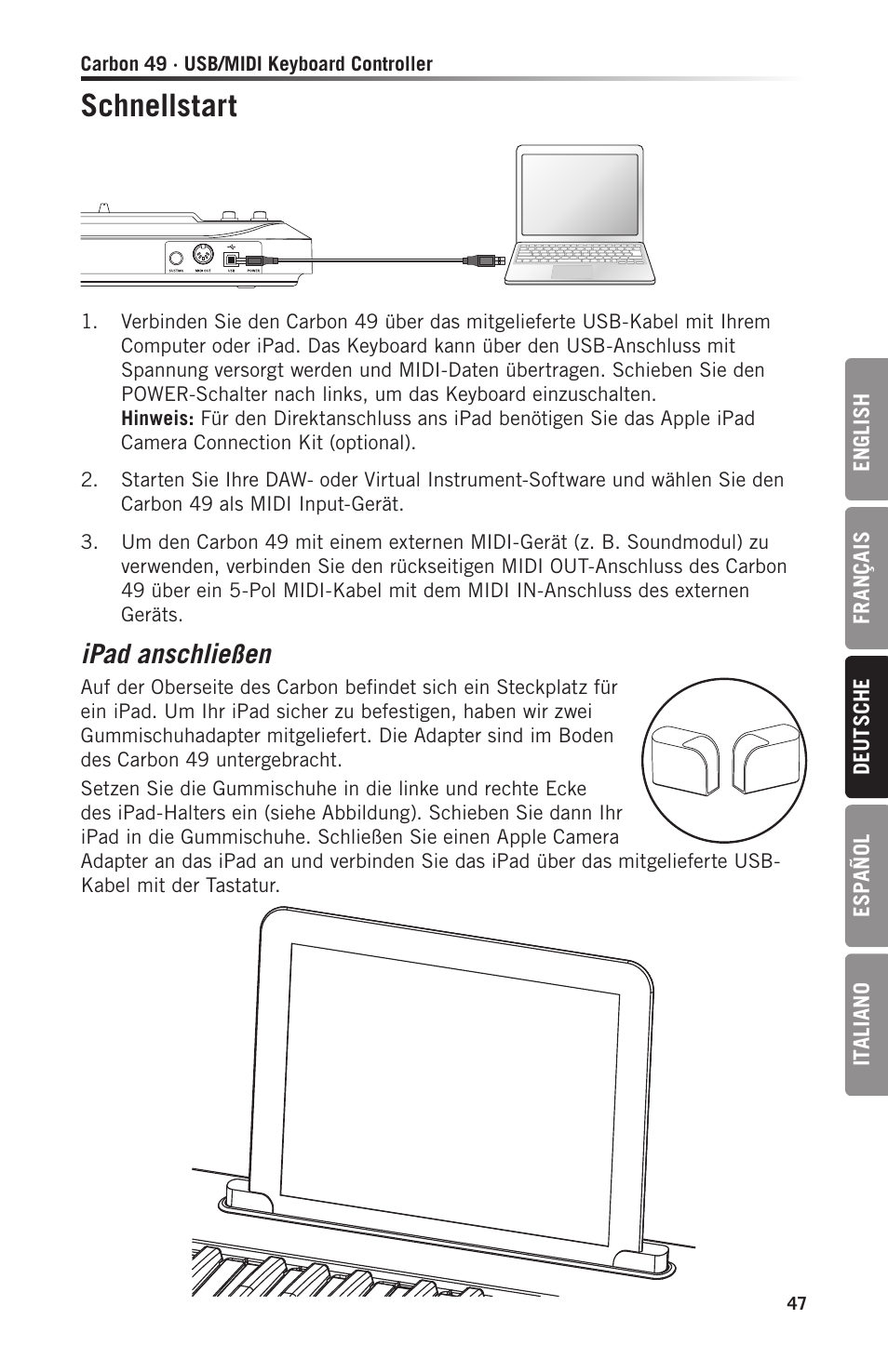 Schnellstart, Ipad anschließen | Samson Carbon 49 USB/MIDI Keyboard Controller User Manual | Page 47 / 96