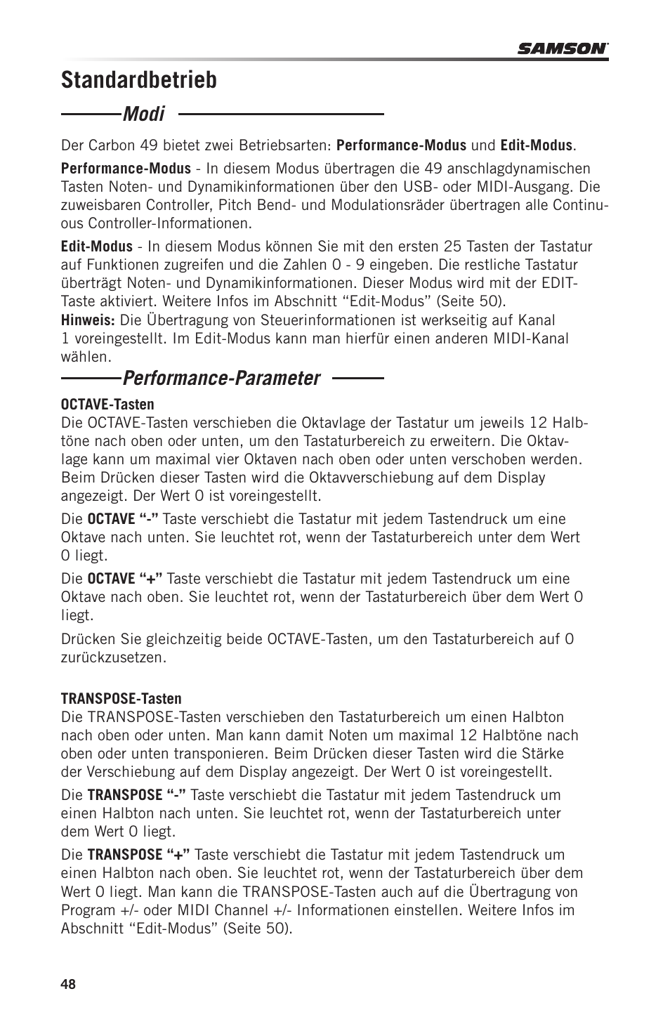 Standardbetrieb, Modi performance-parameter | Samson Carbon 49 USB/MIDI Keyboard Controller User Manual | Page 48 / 96
