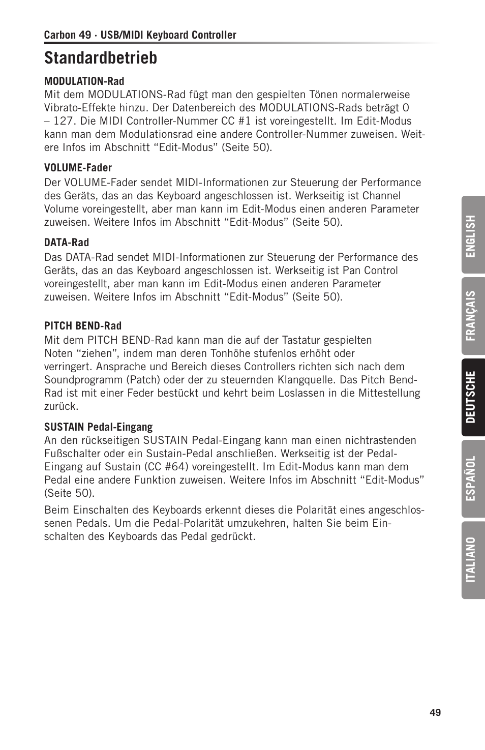 Standardbetrieb | Samson Carbon 49 USB/MIDI Keyboard Controller User Manual | Page 49 / 96