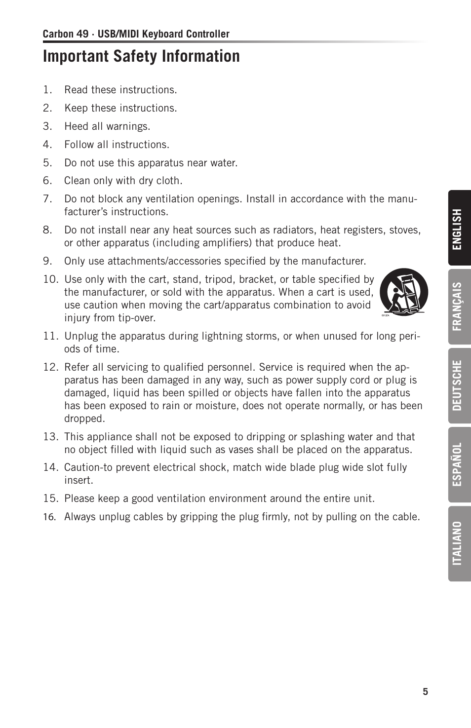 Important safety information | Samson Carbon 49 USB/MIDI Keyboard Controller User Manual | Page 5 / 96