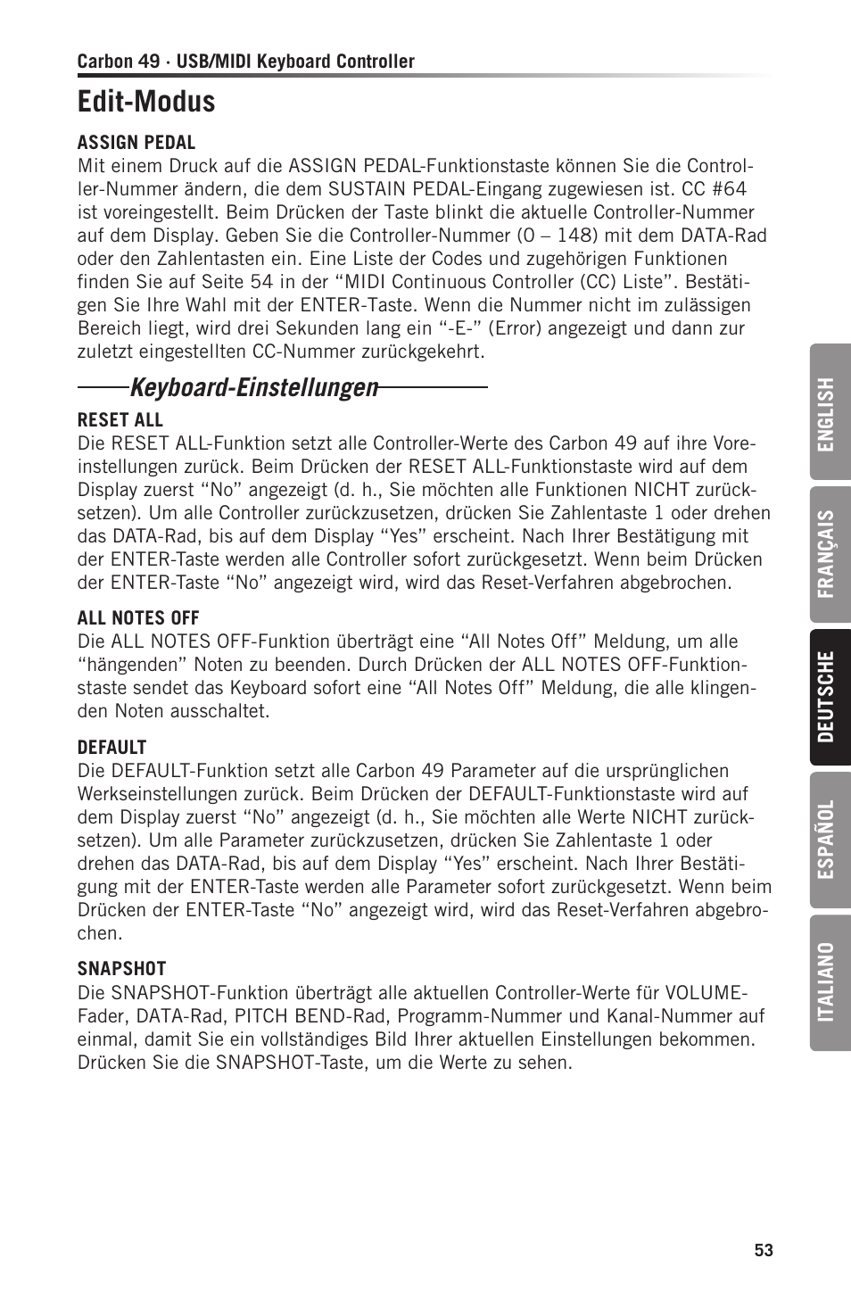 Edit-modus, Keyboard-einstellungen | Samson Carbon 49 USB/MIDI Keyboard Controller User Manual | Page 53 / 96