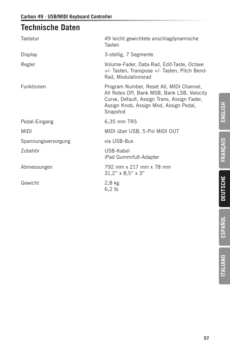 Technische daten | Samson Carbon 49 USB/MIDI Keyboard Controller User Manual | Page 57 / 96