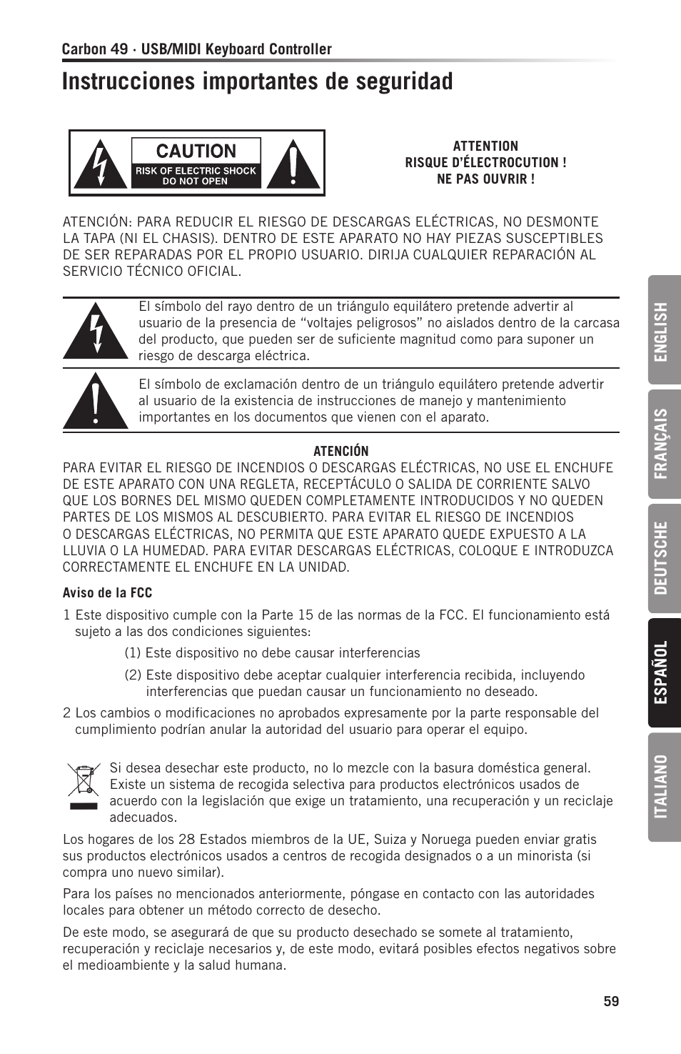Instrucciones importantes de seguridad | Samson Carbon 49 USB/MIDI Keyboard Controller User Manual | Page 59 / 96