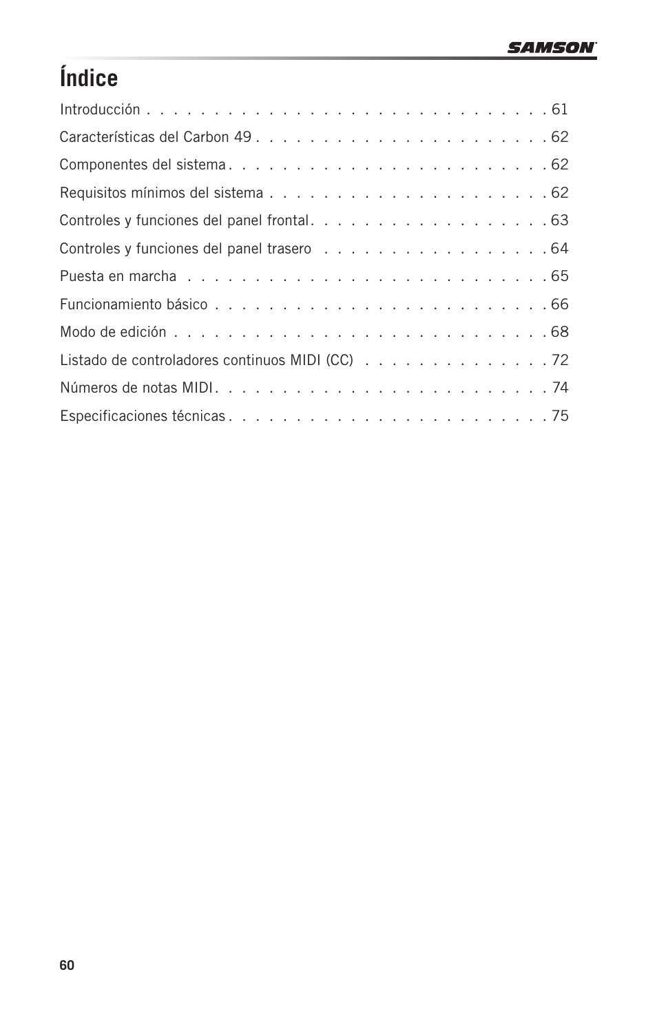 Índice | Samson Carbon 49 USB/MIDI Keyboard Controller User Manual | Page 60 / 96