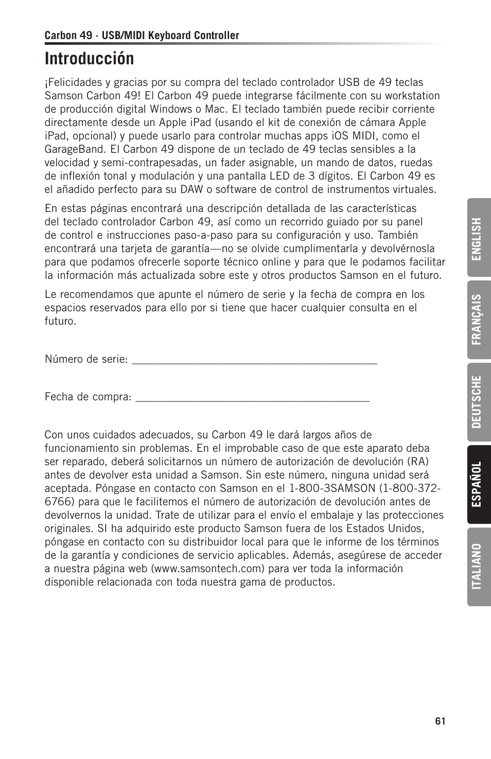 Introducción | Samson Carbon 49 USB/MIDI Keyboard Controller User Manual | Page 61 / 96