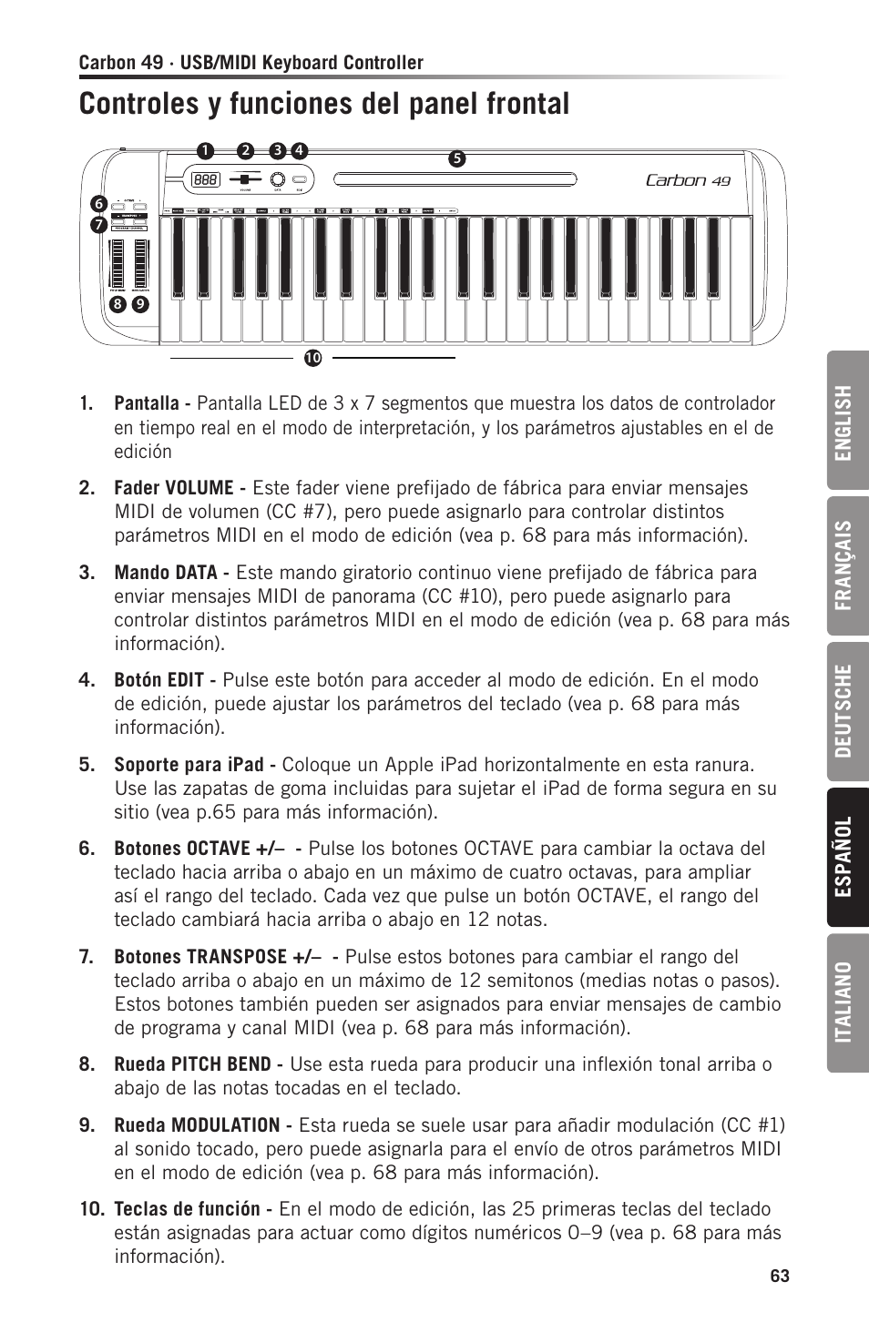 Controles y funciones del panel frontal | Samson Carbon 49 USB/MIDI Keyboard Controller User Manual | Page 63 / 96