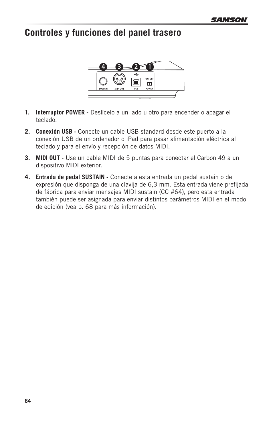 Controles y funciones del panel trasero | Samson Carbon 49 USB/MIDI Keyboard Controller User Manual | Page 64 / 96