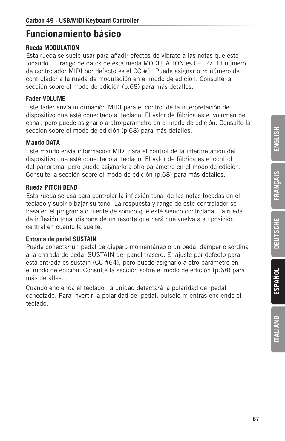 Funcionamiento básico | Samson Carbon 49 USB/MIDI Keyboard Controller User Manual | Page 67 / 96