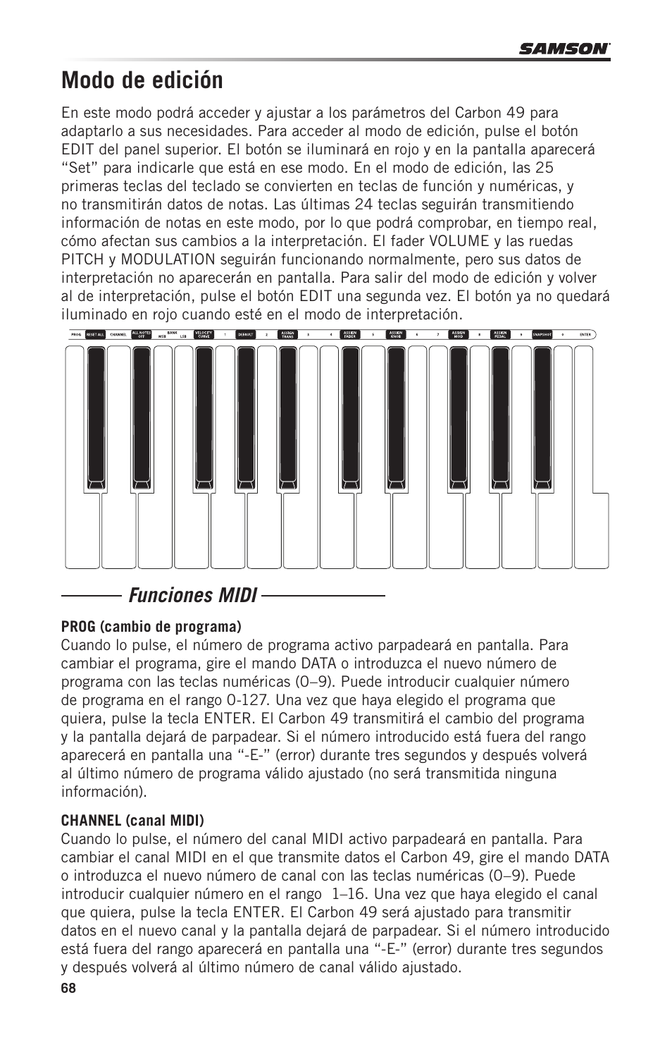 Modo de edición, Funciones midi | Samson Carbon 49 USB/MIDI Keyboard Controller User Manual | Page 68 / 96