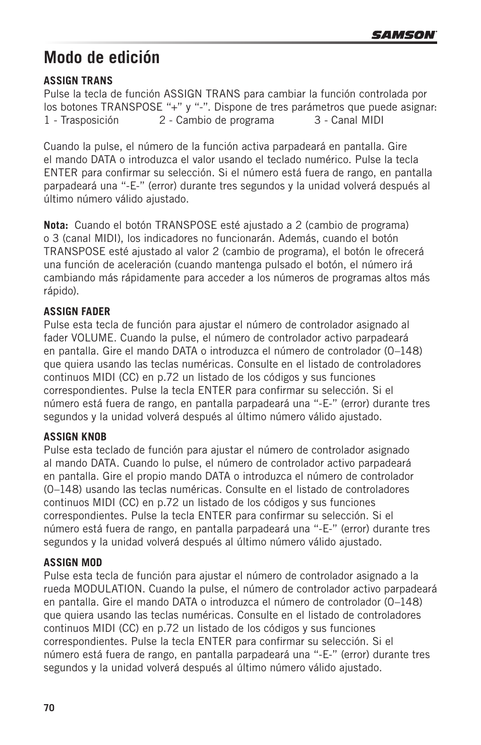 Modo de edición | Samson Carbon 49 USB/MIDI Keyboard Controller User Manual | Page 70 / 96