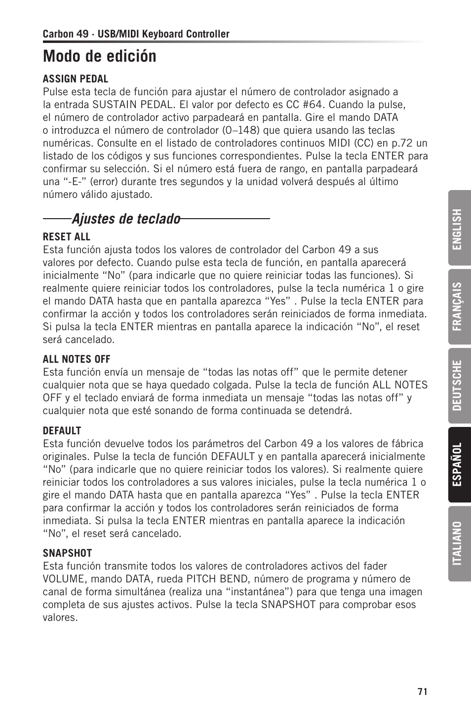 Modo de edición, Ajustes de teclado | Samson Carbon 49 USB/MIDI Keyboard Controller User Manual | Page 71 / 96