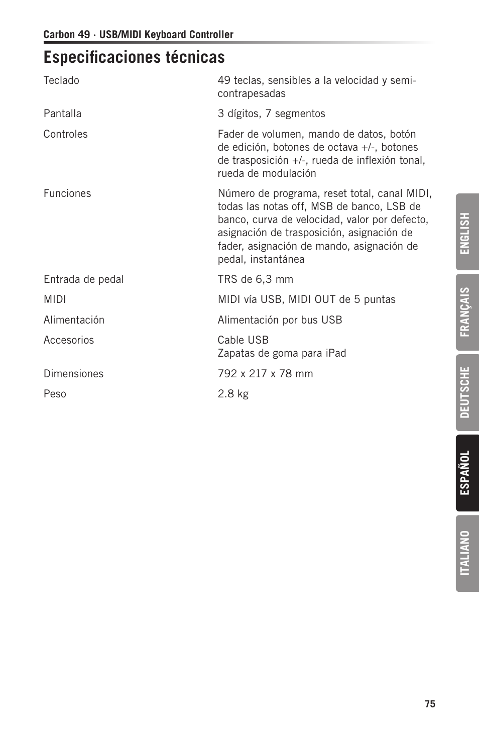 Especificaciones técnicas | Samson Carbon 49 USB/MIDI Keyboard Controller User Manual | Page 75 / 96