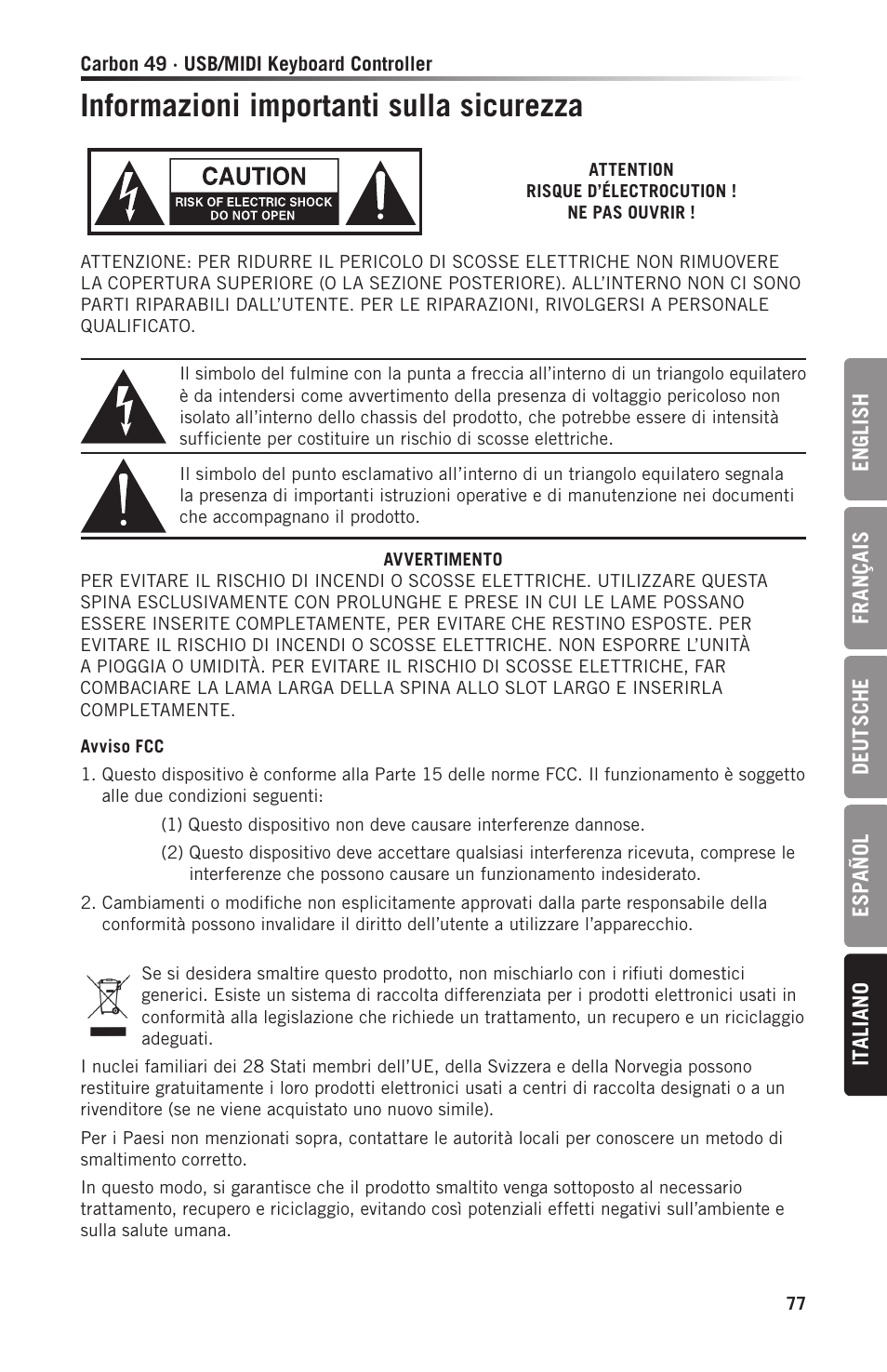Informazioni importanti sulla sicurezza | Samson Carbon 49 USB/MIDI Keyboard Controller User Manual | Page 77 / 96
