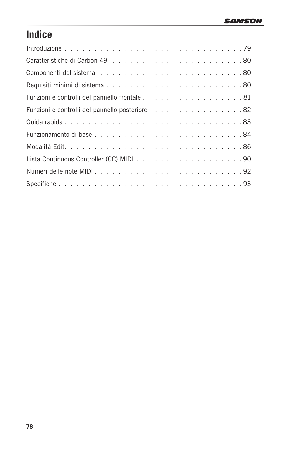 Indice | Samson Carbon 49 USB/MIDI Keyboard Controller User Manual | Page 78 / 96