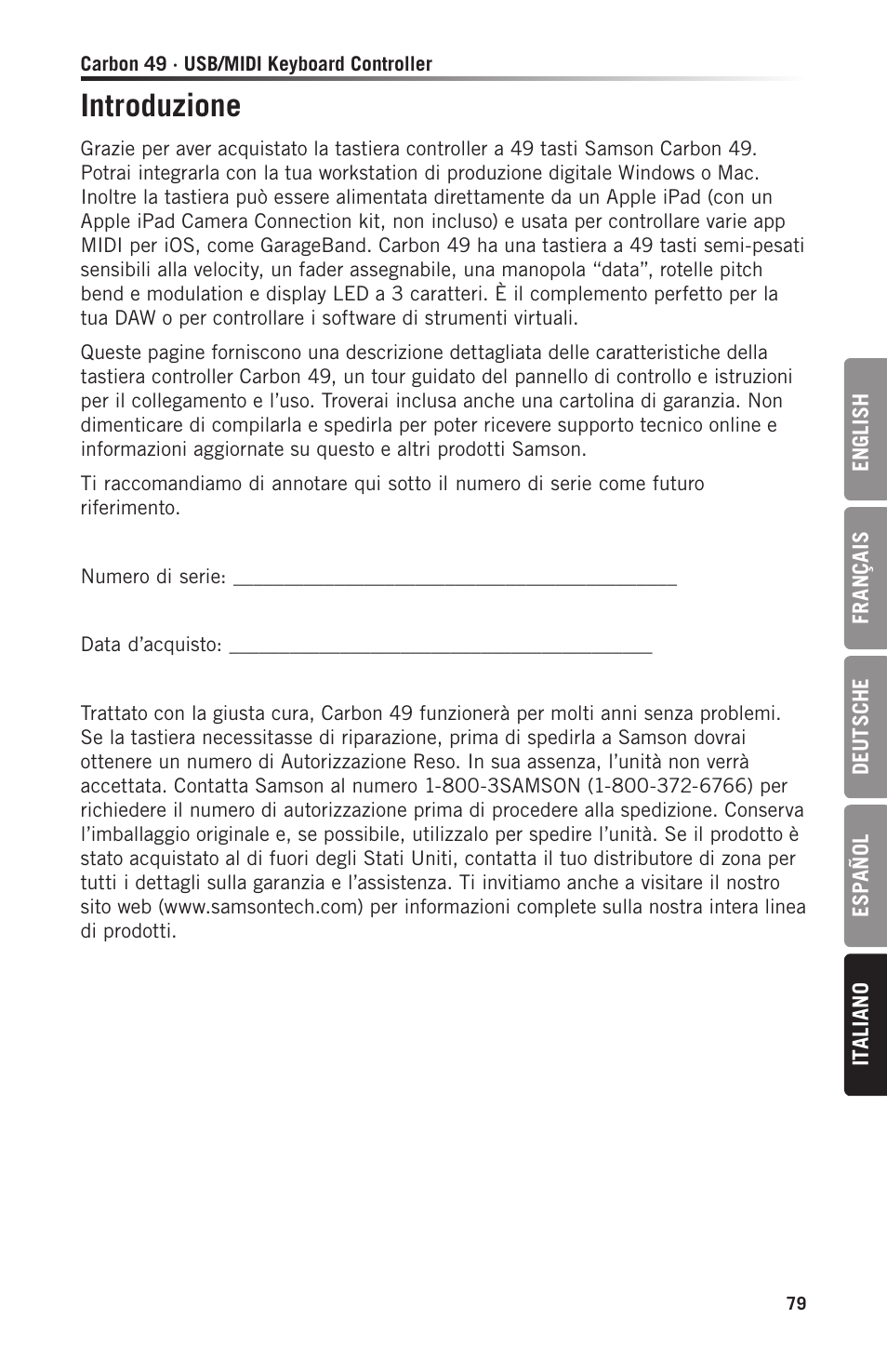 Introduzione | Samson Carbon 49 USB/MIDI Keyboard Controller User Manual | Page 79 / 96