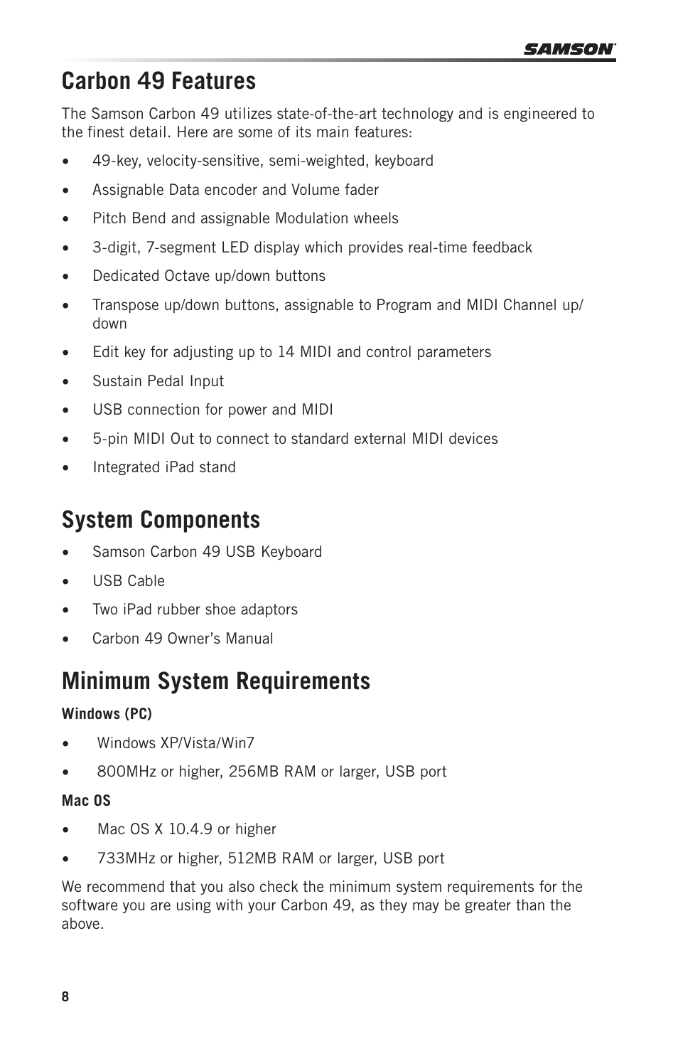 Carbon 49 features, System components, Minimum system requirements | Samson Carbon 49 USB/MIDI Keyboard Controller User Manual | Page 8 / 96