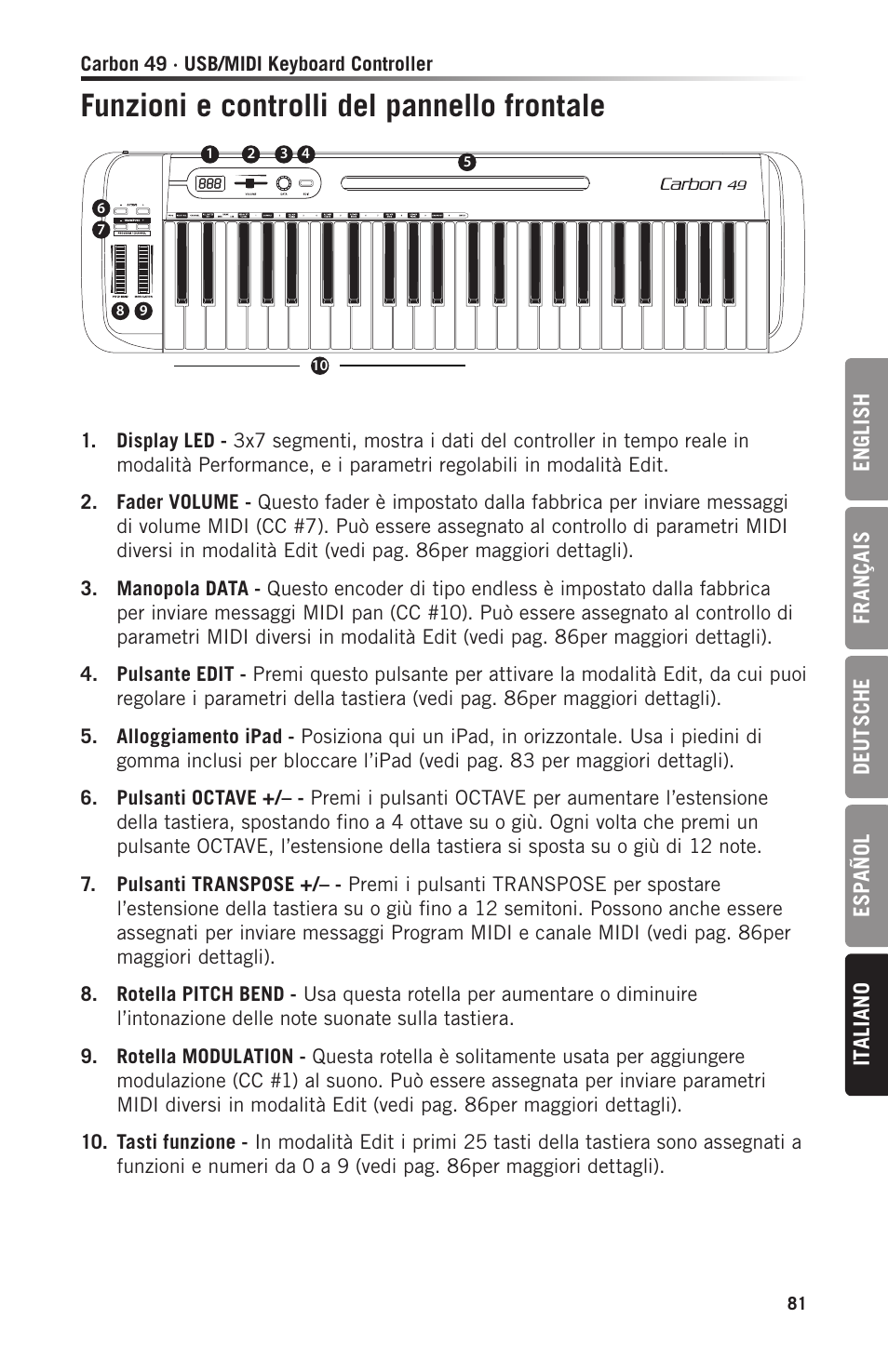 Funzioni e controlli del pannello frontale | Samson Carbon 49 USB/MIDI Keyboard Controller User Manual | Page 81 / 96