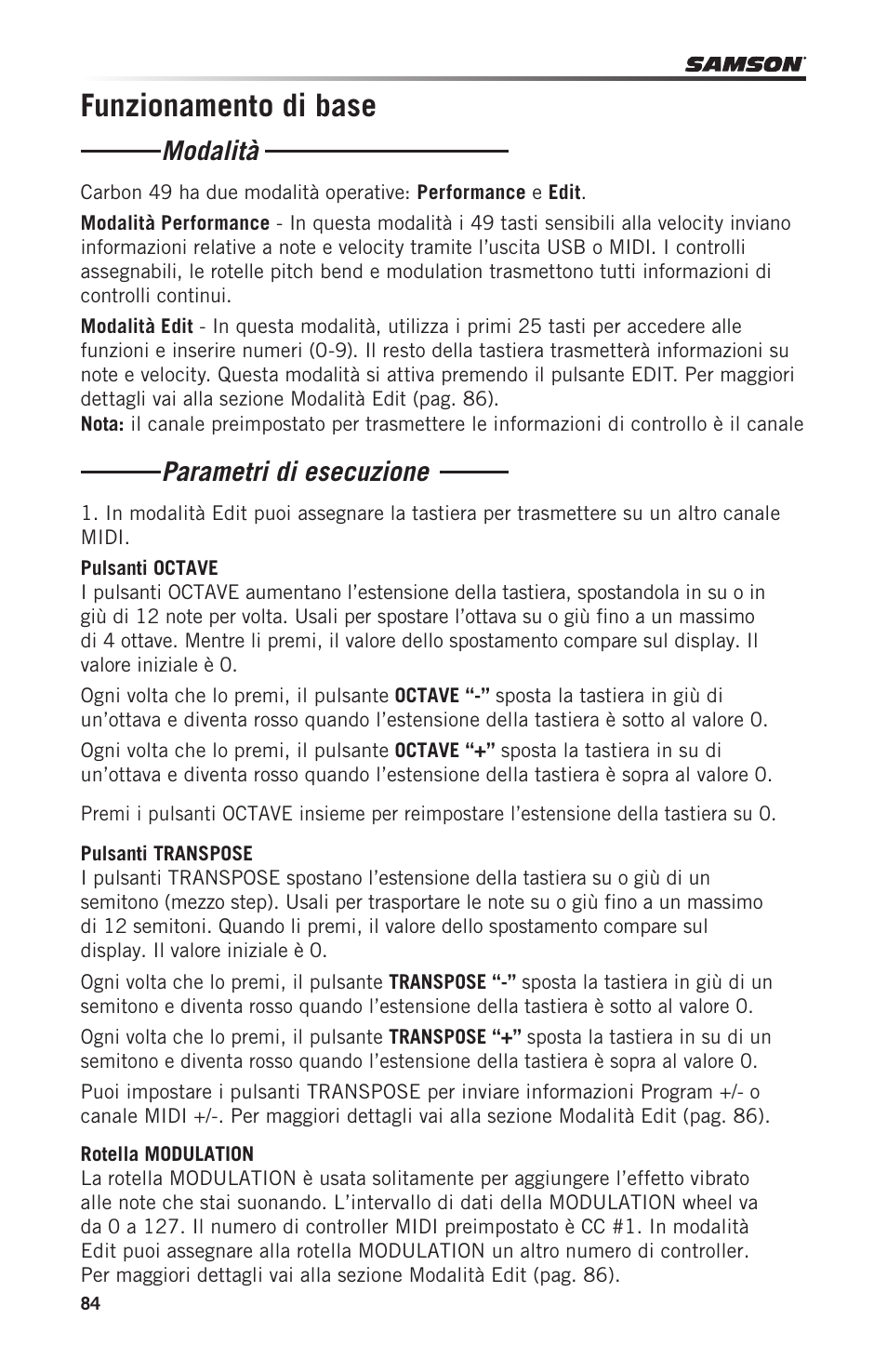 Funzionamento di base, Modalità parametri di esecuzione | Samson Carbon 49 USB/MIDI Keyboard Controller User Manual | Page 84 / 96