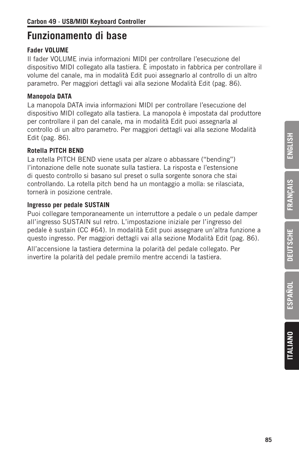 Funzionamento di base | Samson Carbon 49 USB/MIDI Keyboard Controller User Manual | Page 85 / 96