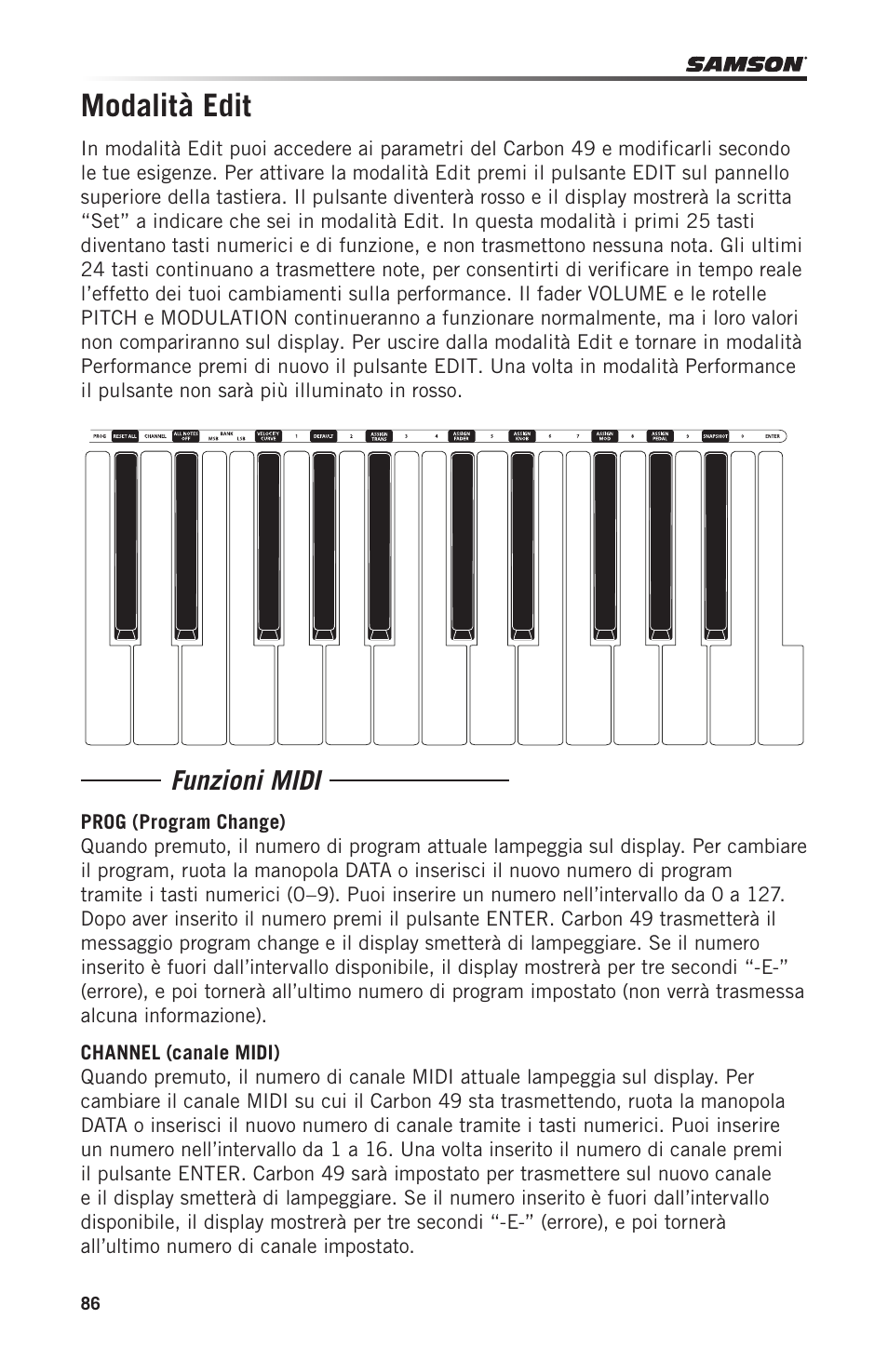 Modalità edit, Funzioni midi | Samson Carbon 49 USB/MIDI Keyboard Controller User Manual | Page 86 / 96