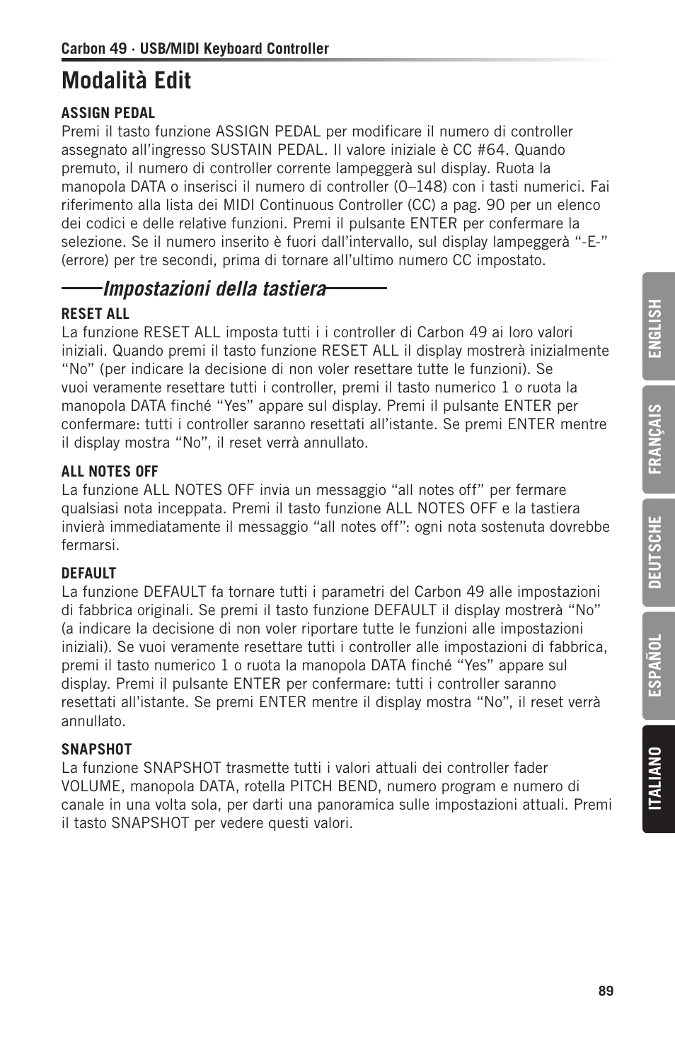 Modalità edit, Impostazioni della tastiera | Samson Carbon 49 USB/MIDI Keyboard Controller User Manual | Page 89 / 96