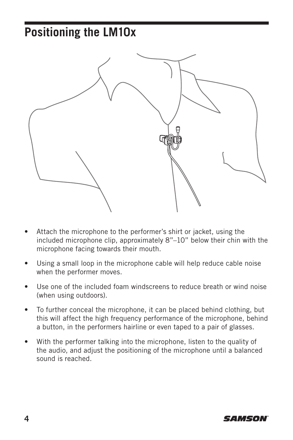 Positioning the lm10x | Samson LM10x Omnidirectional Lavalier Microphone User Manual | Page 4 / 8
