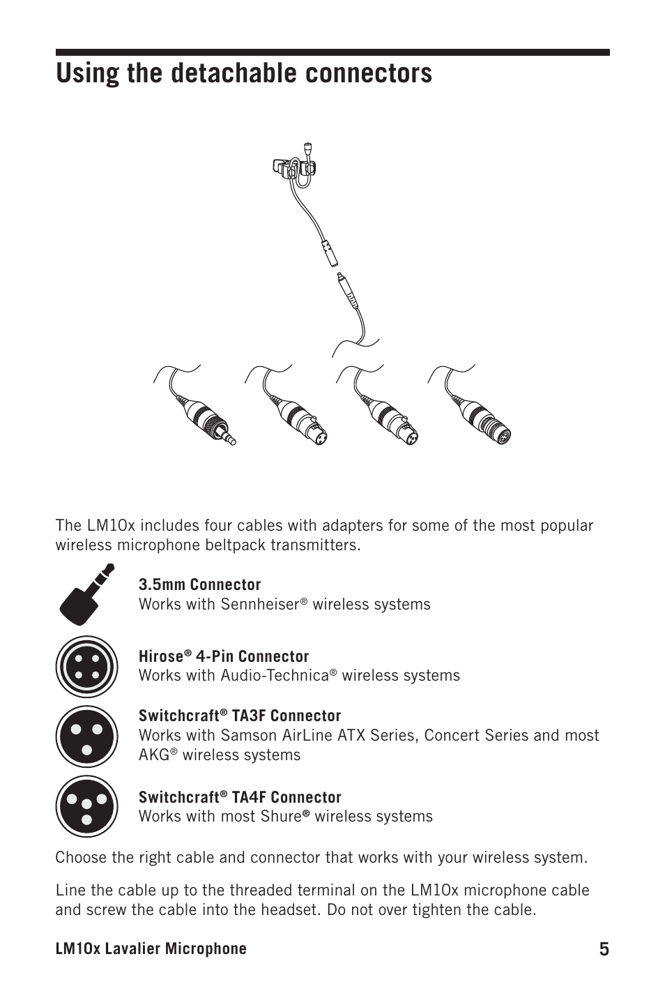 Using the detachable connectors | Samson LM10x Omnidirectional Lavalier Microphone User Manual | Page 5 / 8