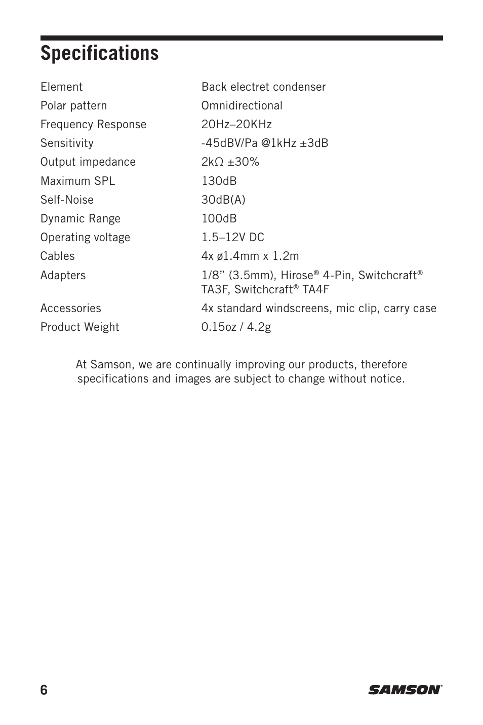 Specifications | Samson LM10x Omnidirectional Lavalier Microphone User Manual | Page 6 / 8