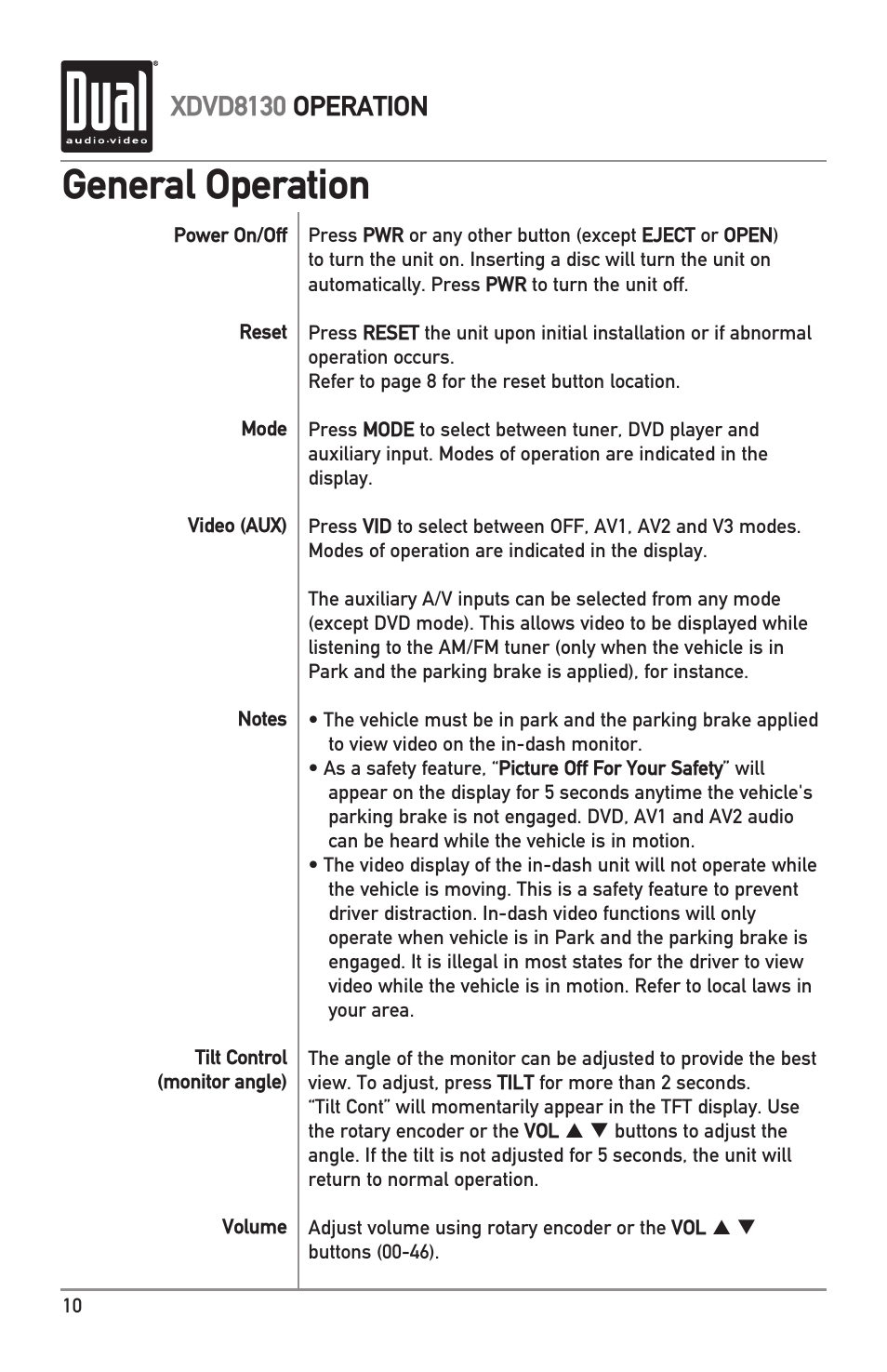 General operation, Xdvd8130 operation | Dual XDVD8130 User Manual | Page 10 / 32