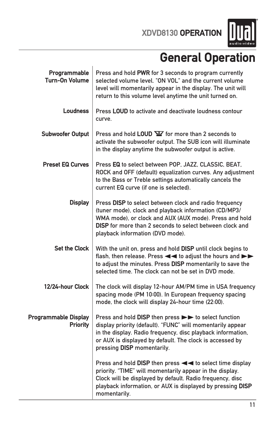 General operation, Xdvd8130 operation | Dual XDVD8130 User Manual | Page 11 / 32