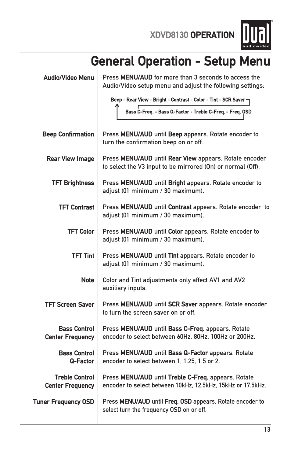 General operation - setup menu, Xdvd8130 operation | Dual XDVD8130 User Manual | Page 13 / 32